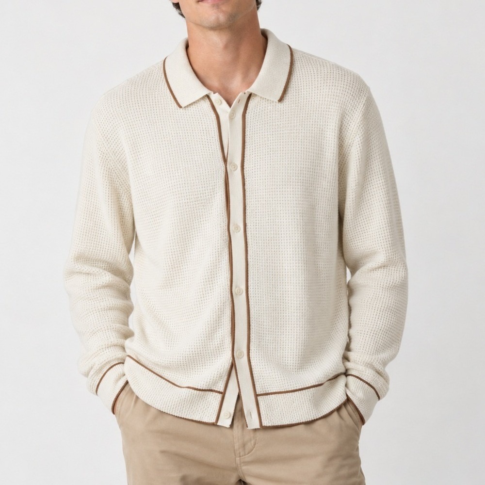 Mens Waffle Knit Cardigan Sweater XL Cream Collared Button Front NWT Preppy
